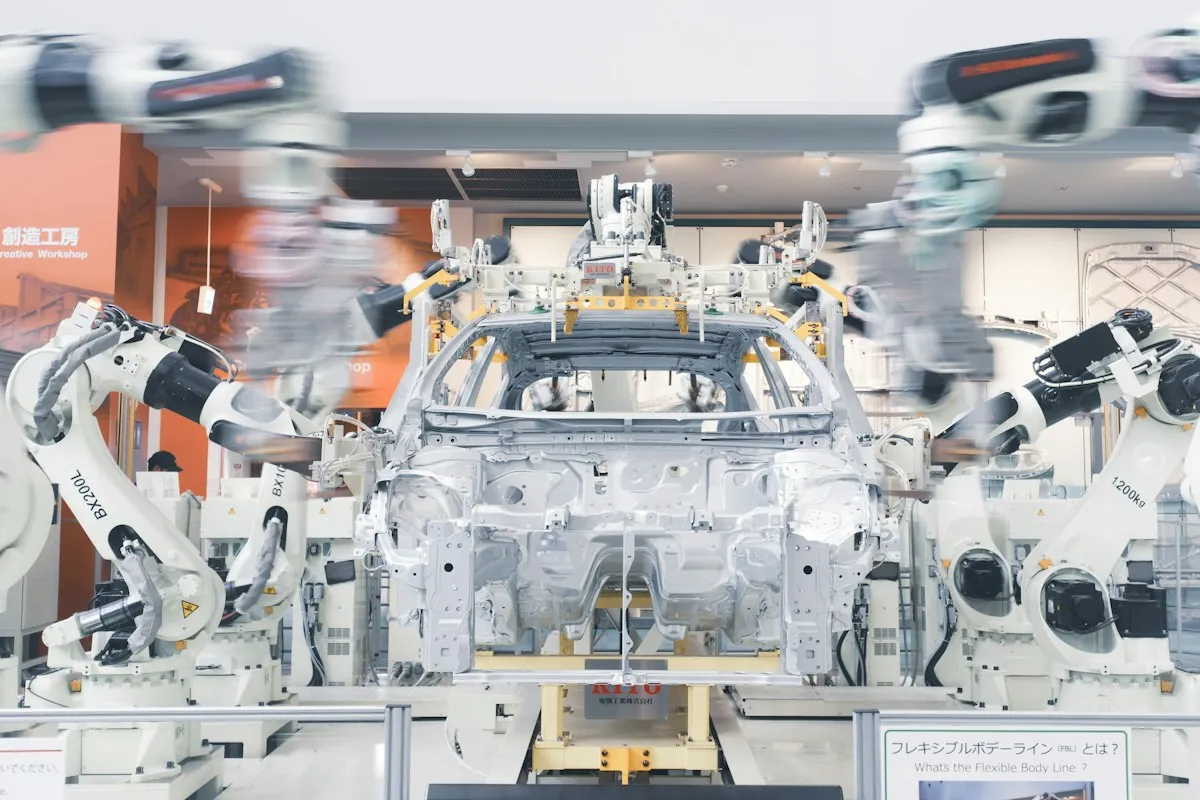 Industrial robots on an automated production line, like RPA repeating fixed steps